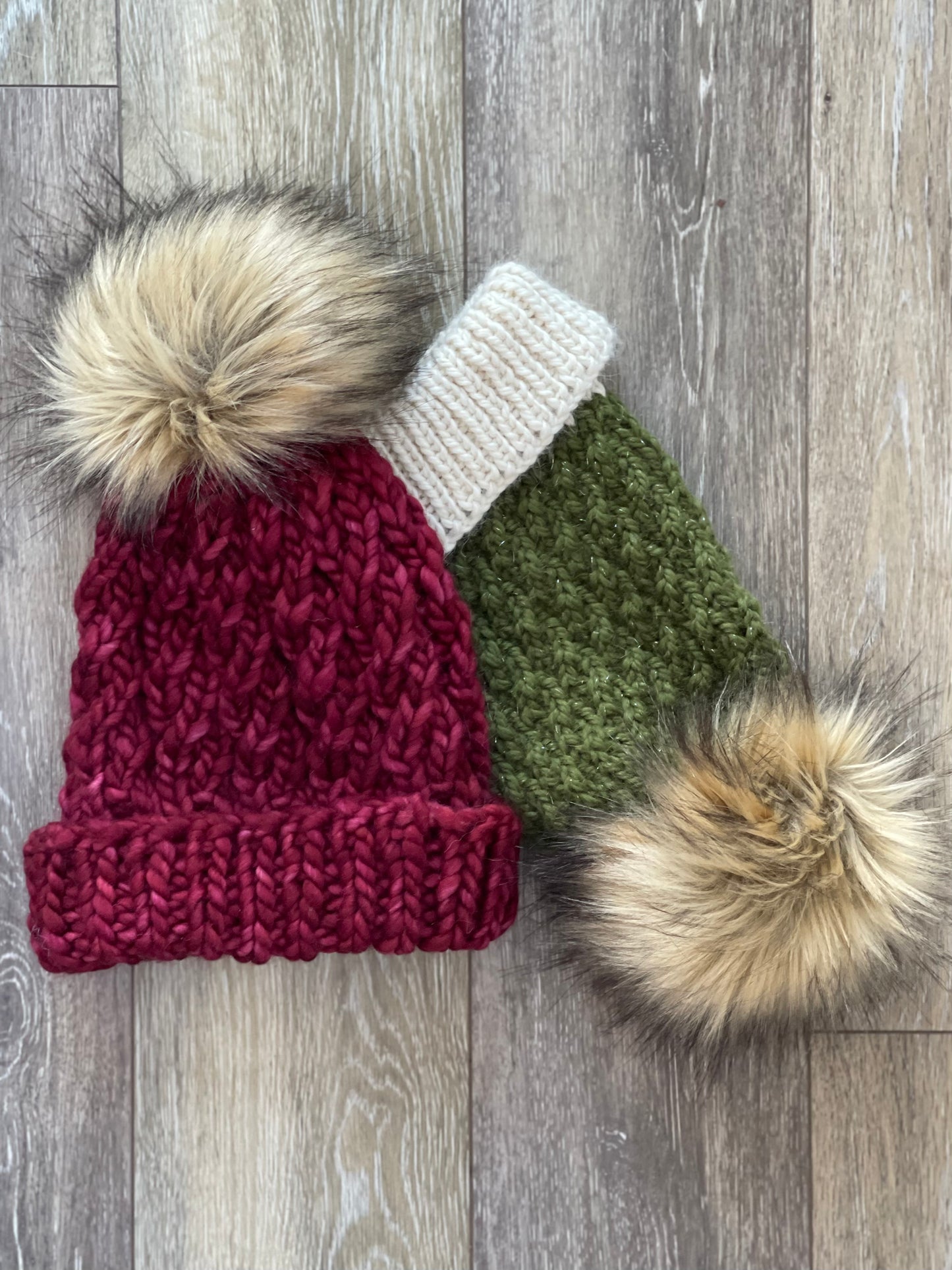 Handknit Winter Hat, Cranberry Twist, Faux Fur Pom Pom