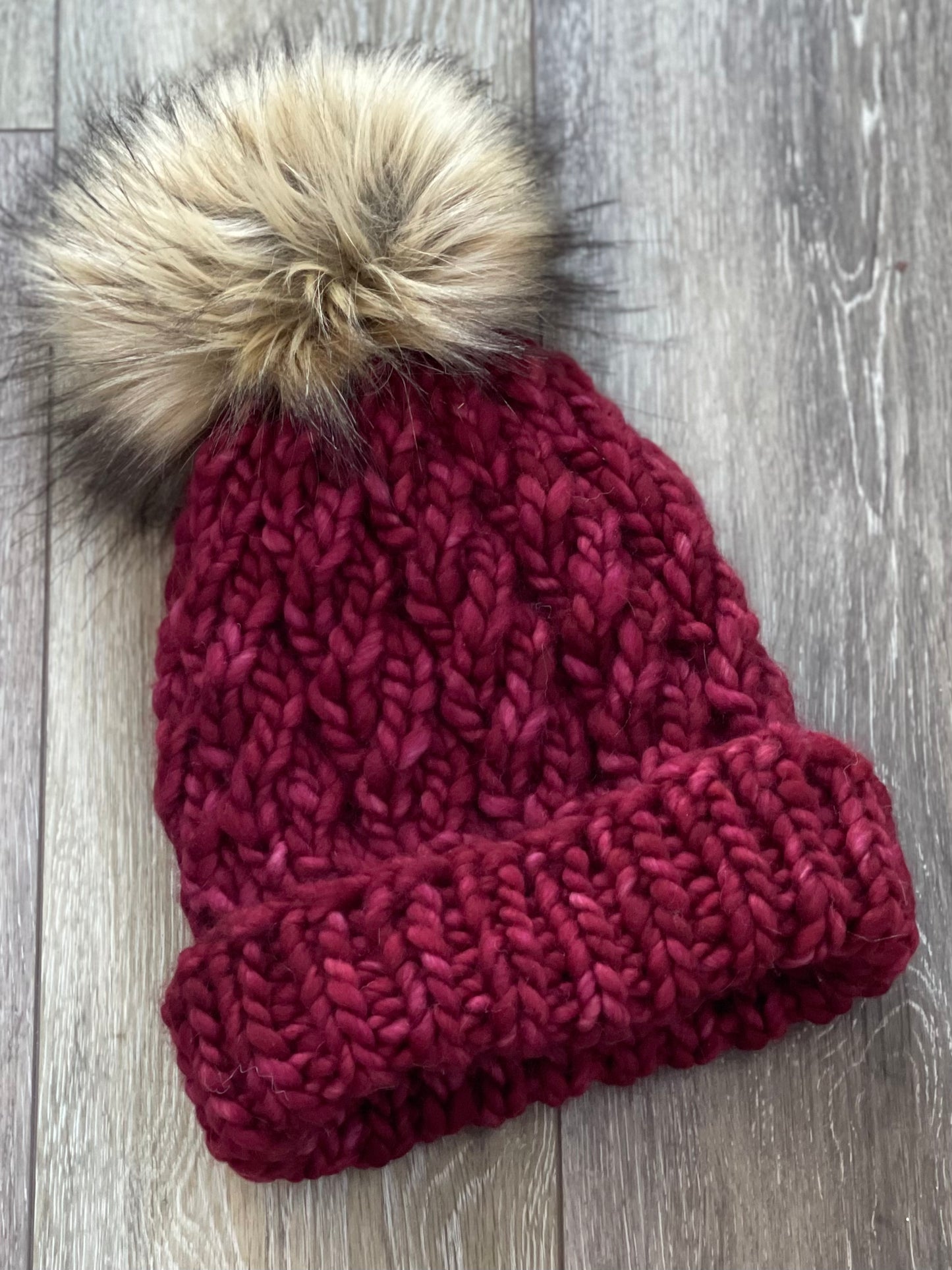 Handknit Winter Hat, Cranberry Twist, Faux Fur Pom Pom