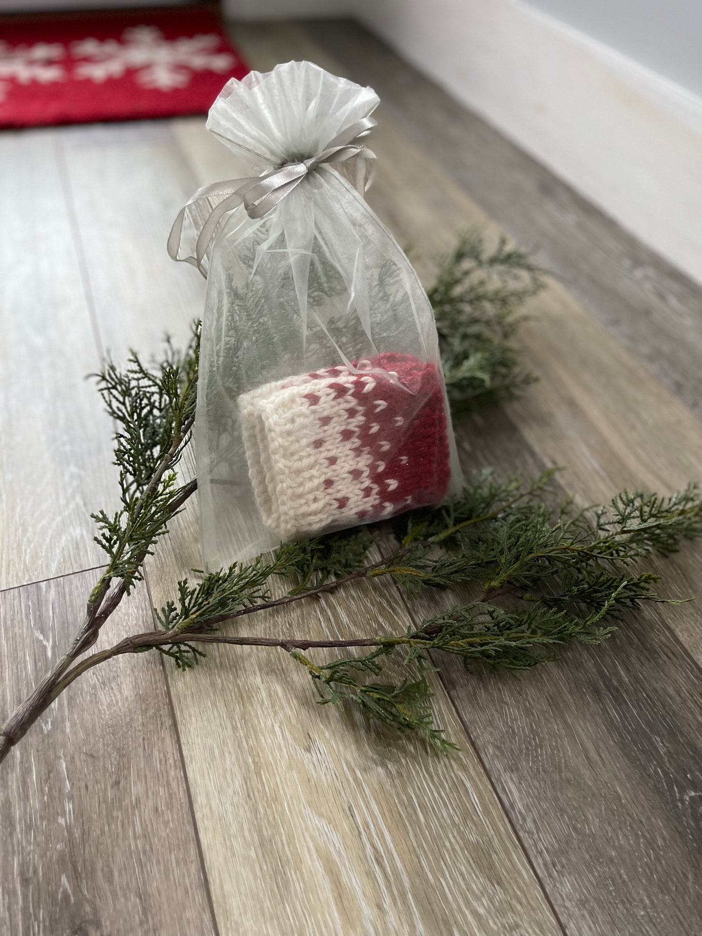 Winter Headband, Hand Knit, Baby Alpaca Red and Ivory Fair Isle