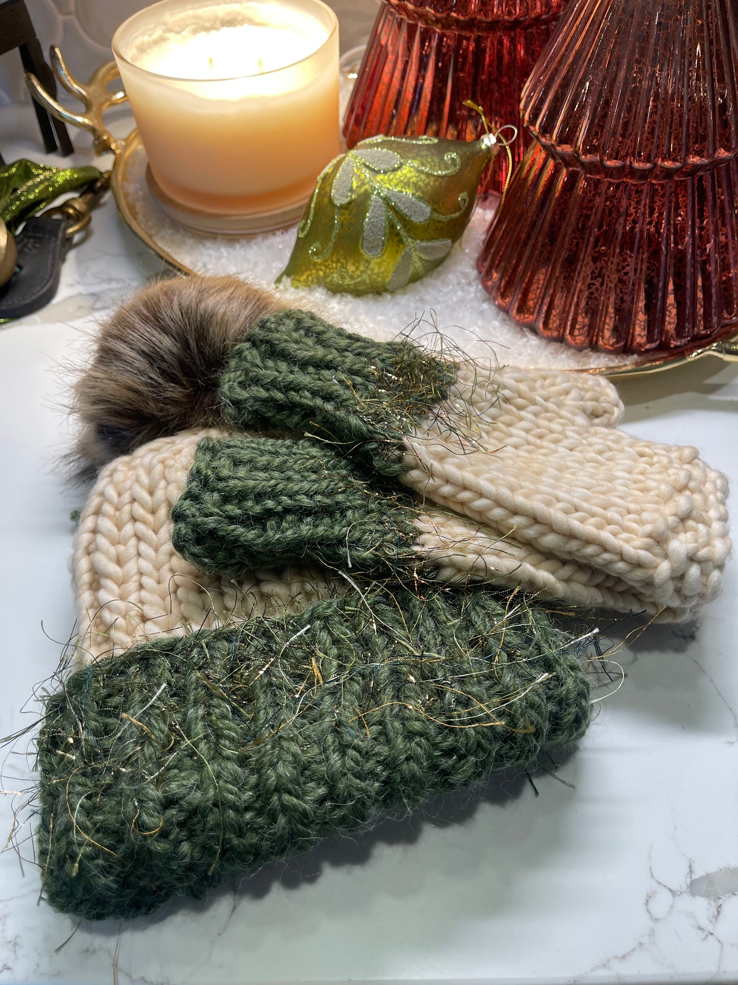 Winter Hat, Green & Ivory with gold eyelash accent
