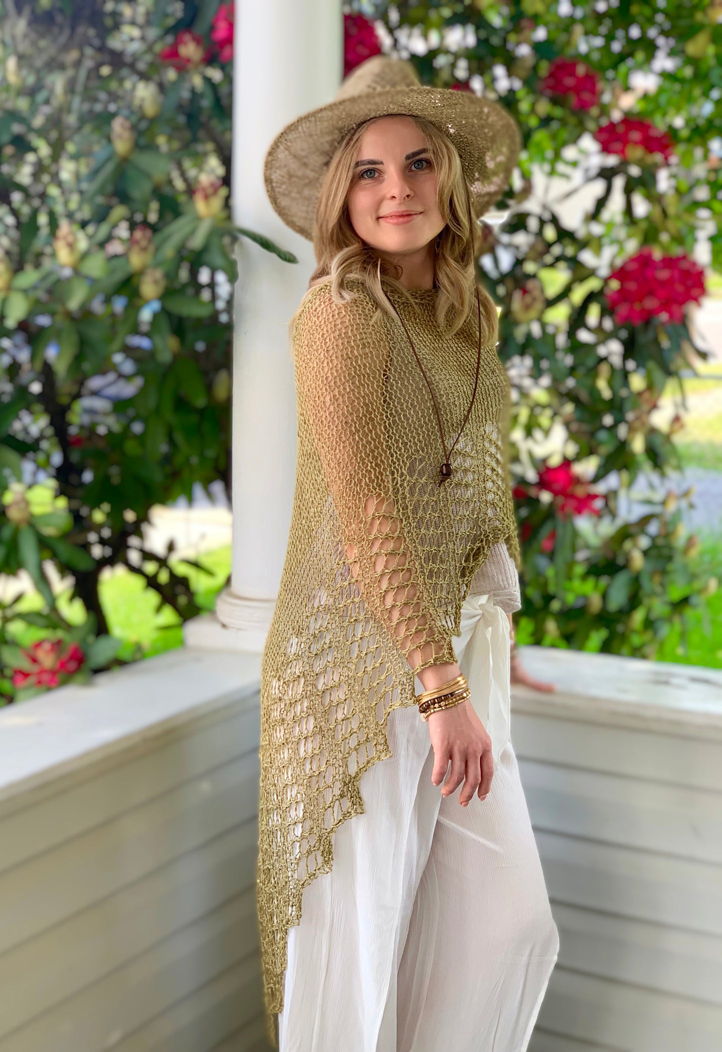 Hand Knit Linen Poncho, Shawl, Beach Cover-up