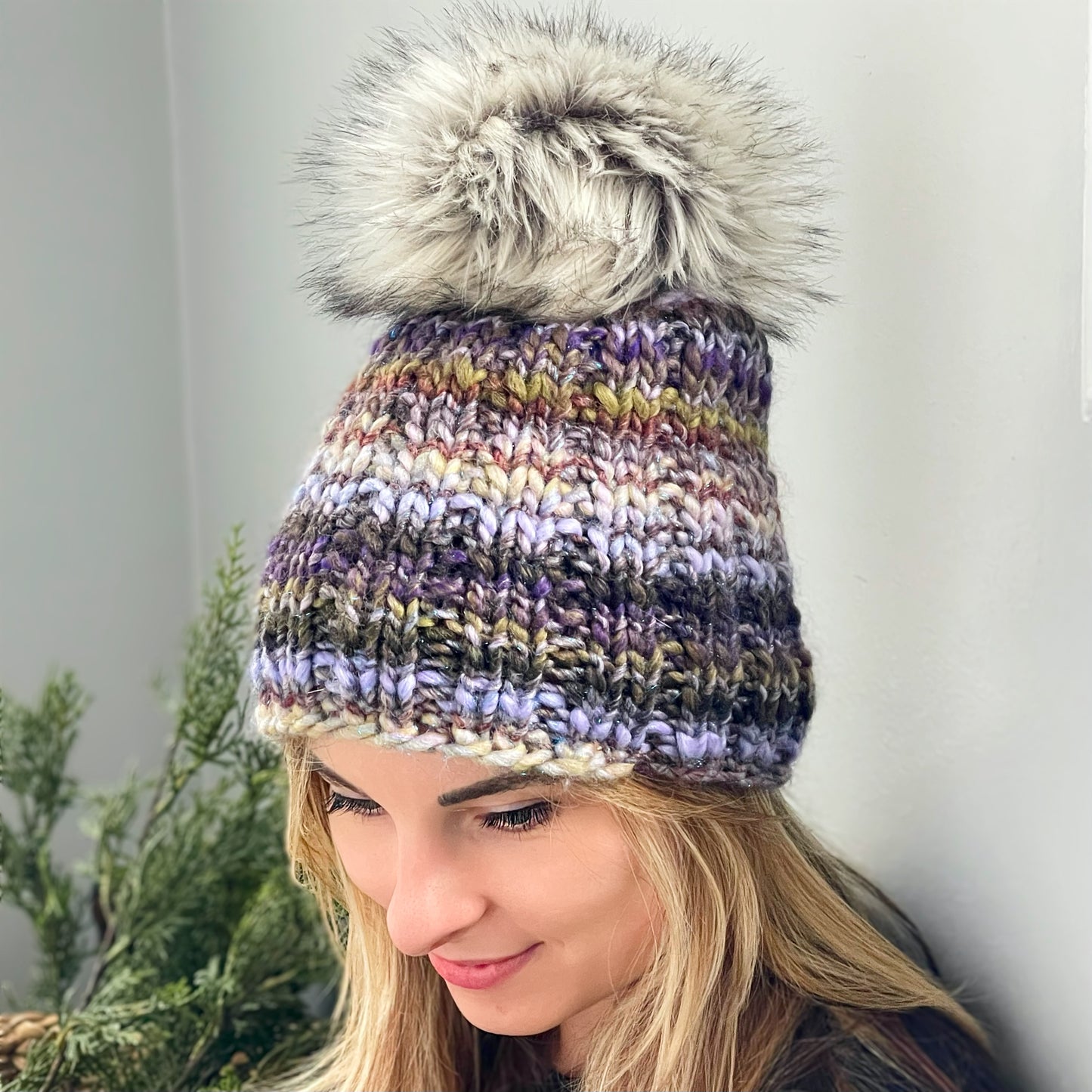 Winter Hat Slouchy Beanie with Faux Fur Pom