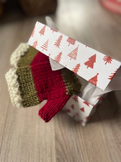 Fingerless Gloves, Hand Knit, Red, Green, White