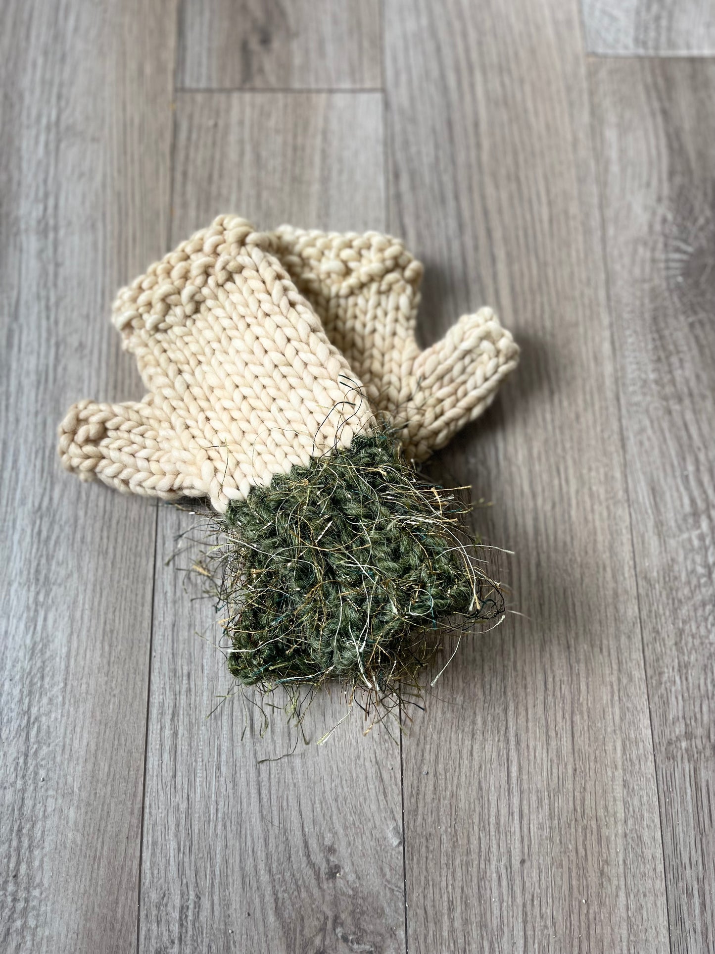 Fingerless Gloves, Hand Knit, Green with gold eyelash cuff