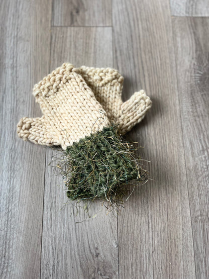 Fingerless Gloves, Hand Knit, Green with gold eyelash cuff