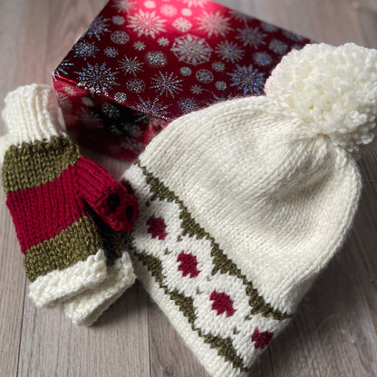 Winter Hat, White, Red & Green, Double Brim with Pom Pom