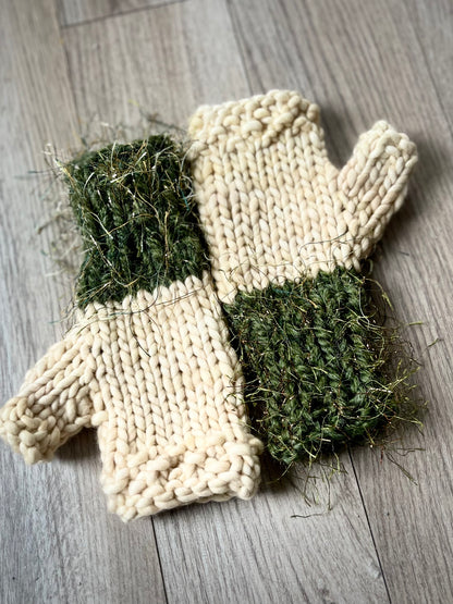 Fingerless Gloves, Hand Knit, Green with gold eyelash cuff