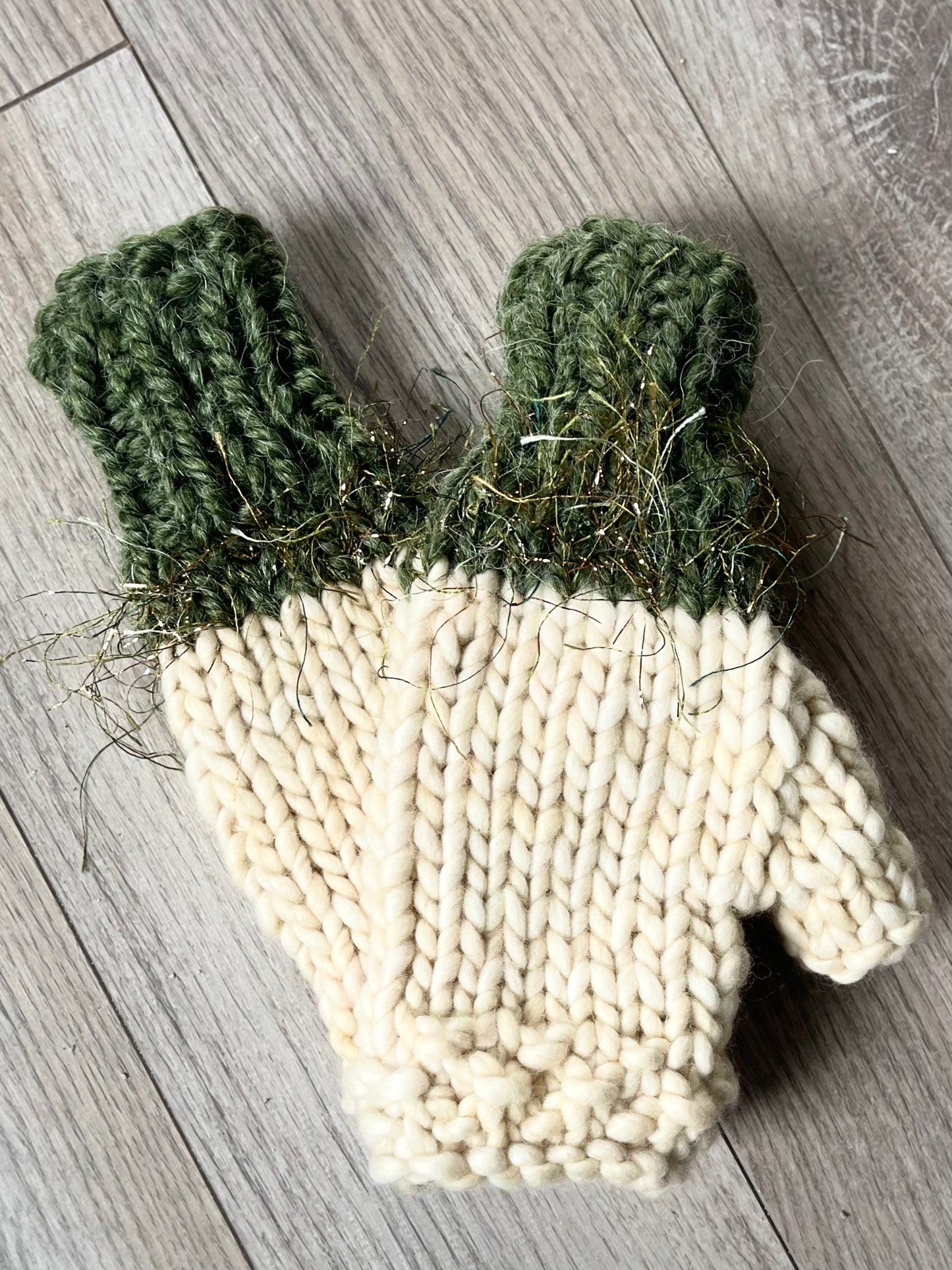 Fingerless Gloves, Hand Knit, Green with gold eyelash accent at wrist