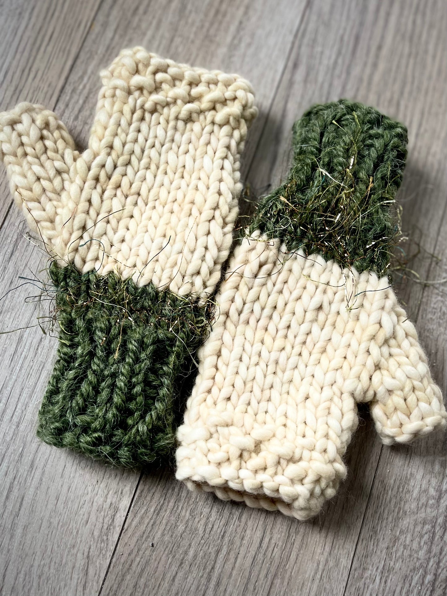 Fingerless Gloves, Hand Knit, Green with gold eyelash accent at wrist