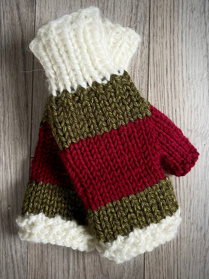 Fingerless Gloves, Hand Knit, Red, Green, White