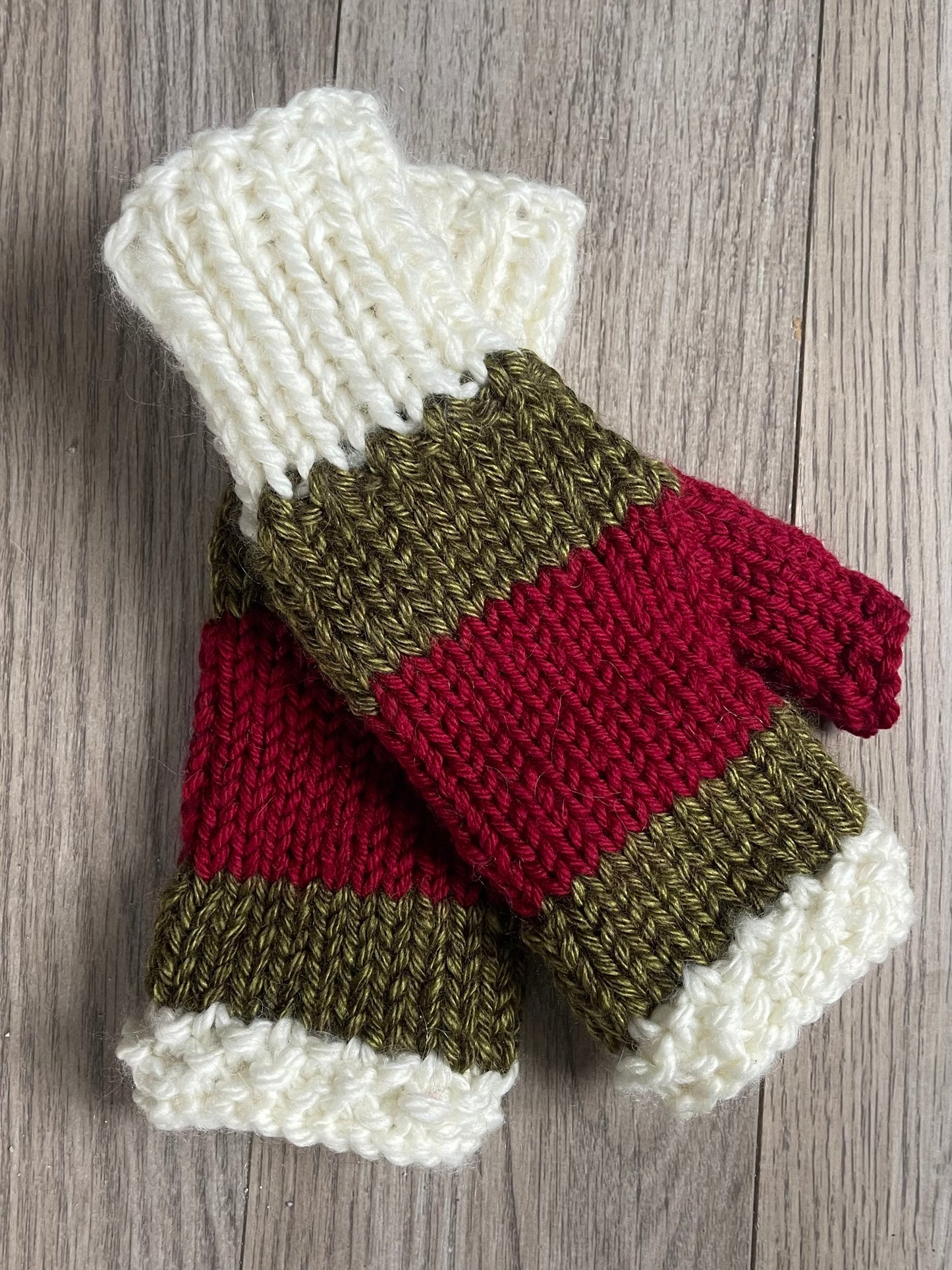 Fingerless Gloves, Hand Knit, Red, Green, White