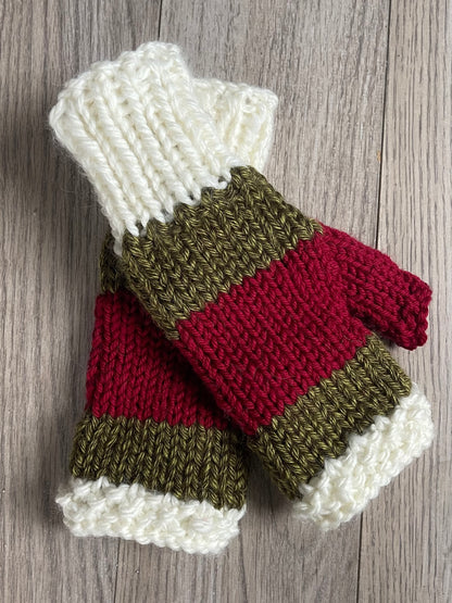 Fingerless Gloves, Hand Knit, Red, Green, White
