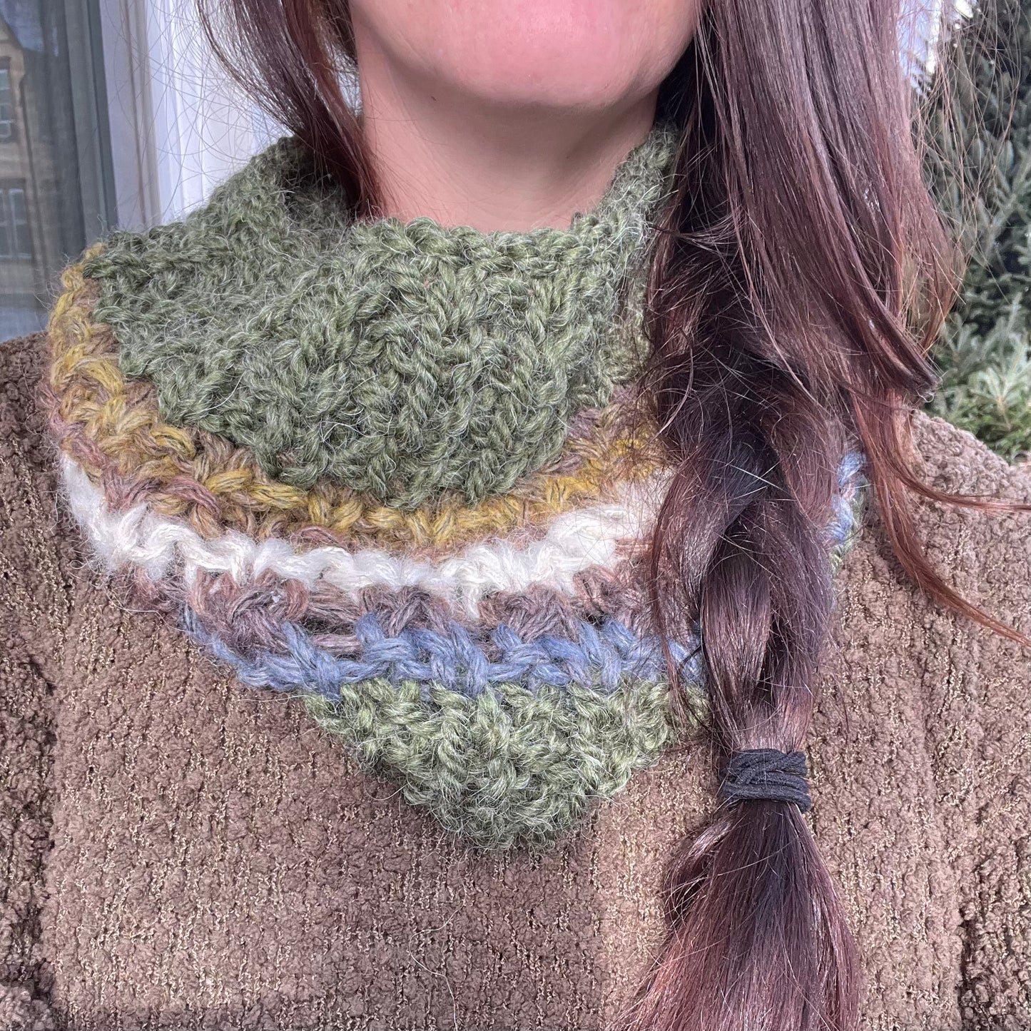 Hand Knit Cowl, Green & Multi Color yarns