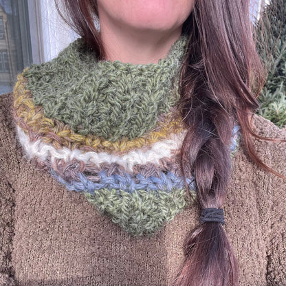 Hand Knit Cowl, Green & Multi Color yarns