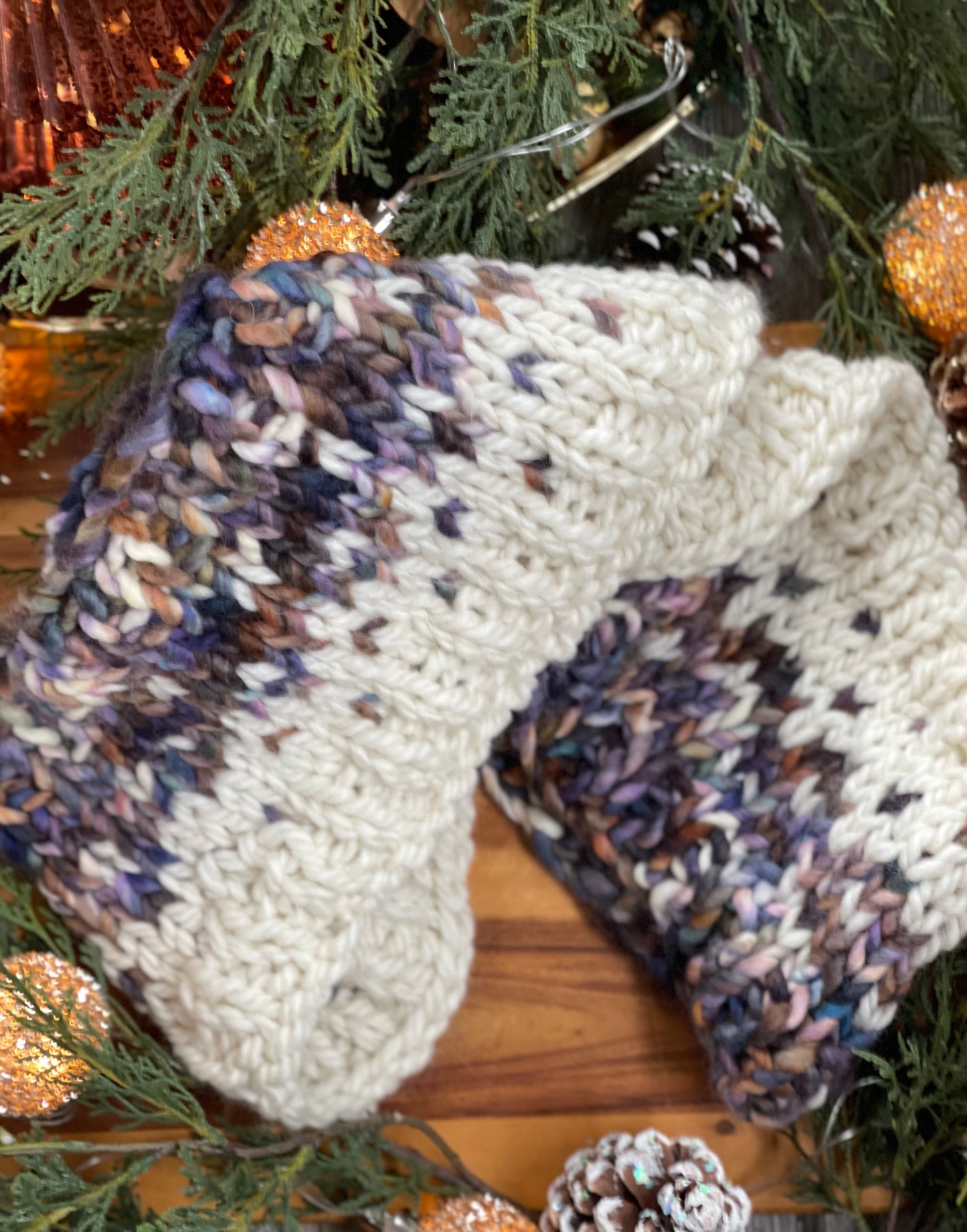 Winter Scarf, Hand Knit, Purple and Ivory Fair Isle Infinity Scarf