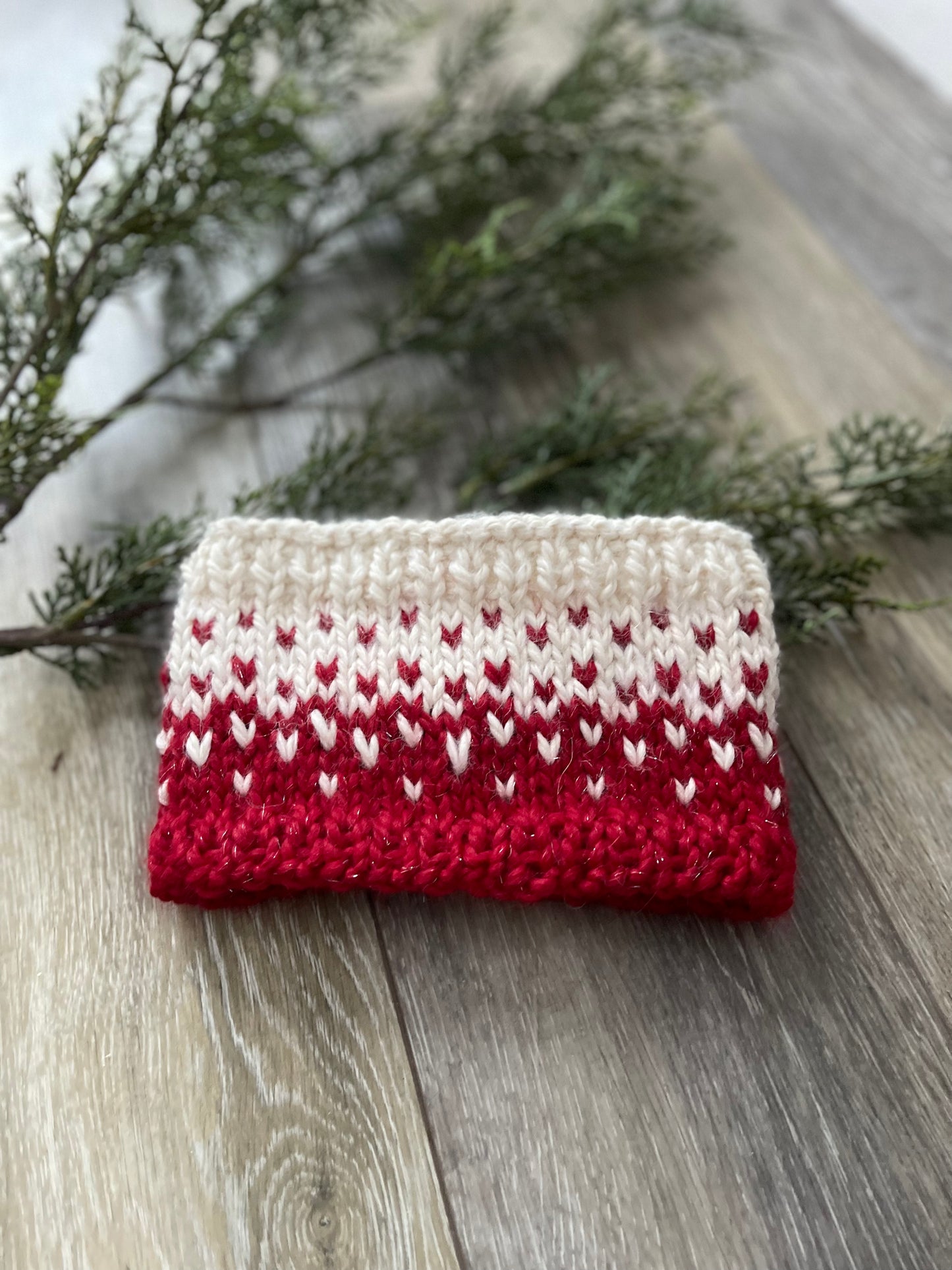 Winter Headband, Hand Knit, Baby Alpaca Red and Ivory Fair Isle