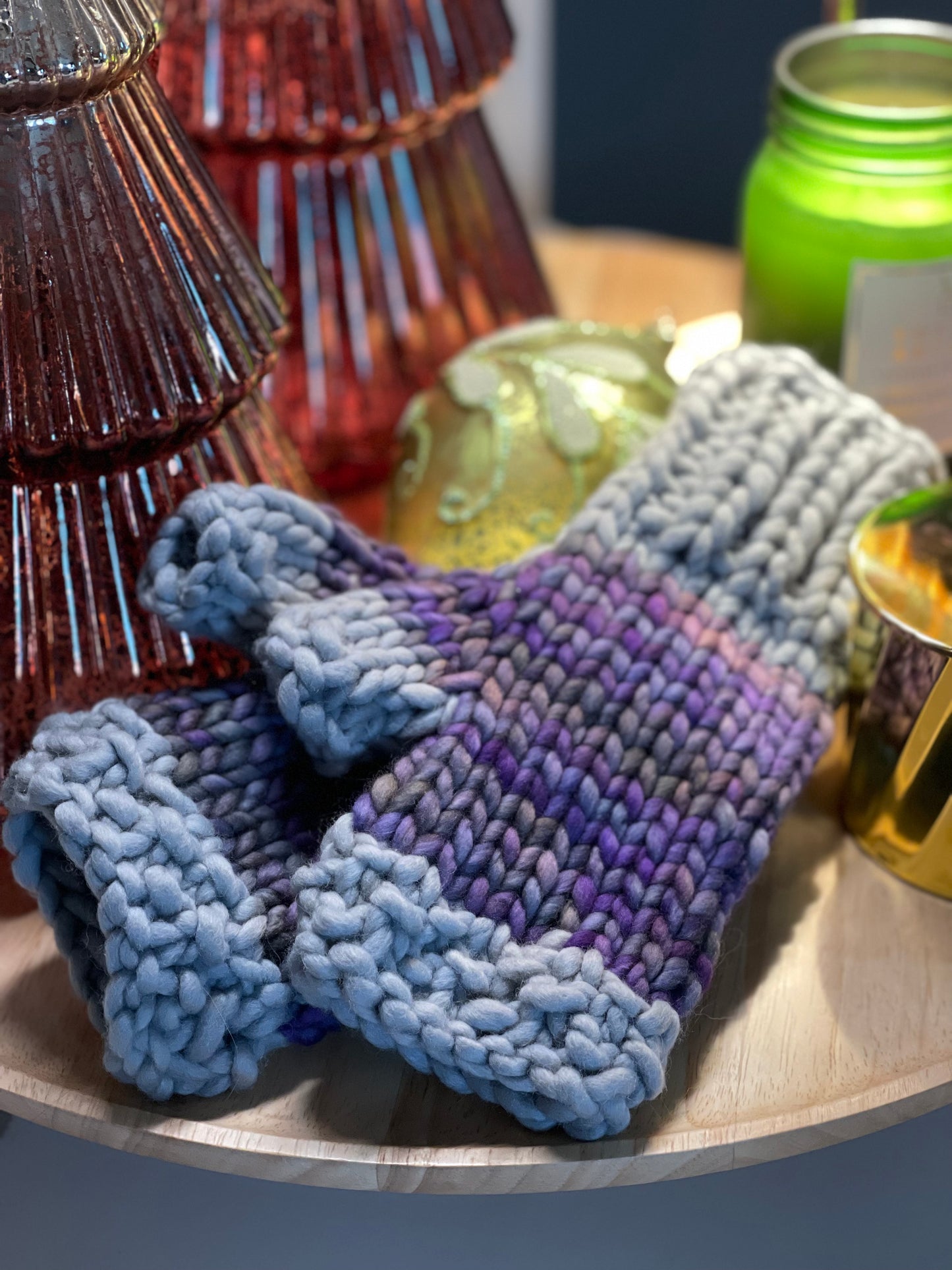 Fingerless Gloves, Hand Knit Purple & Gray