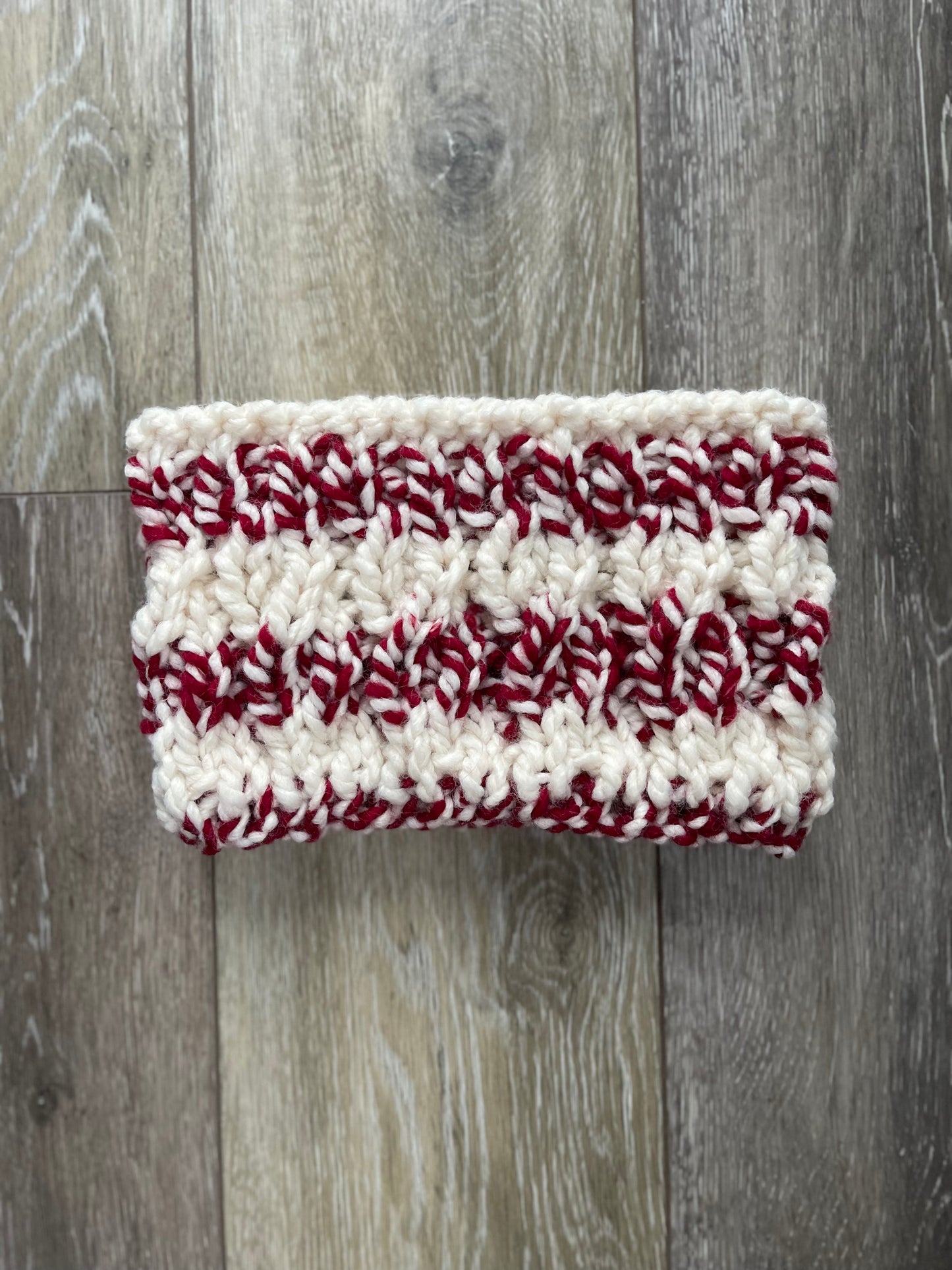 Winter Headband, Hand Knit, Red and White Peppermint Twist