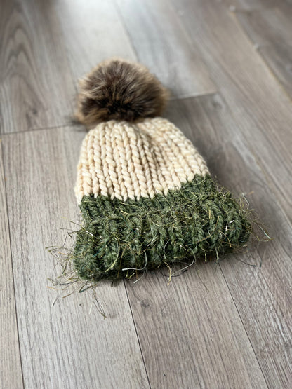 Winter Hat, Green & Ivory with gold eyelash accent