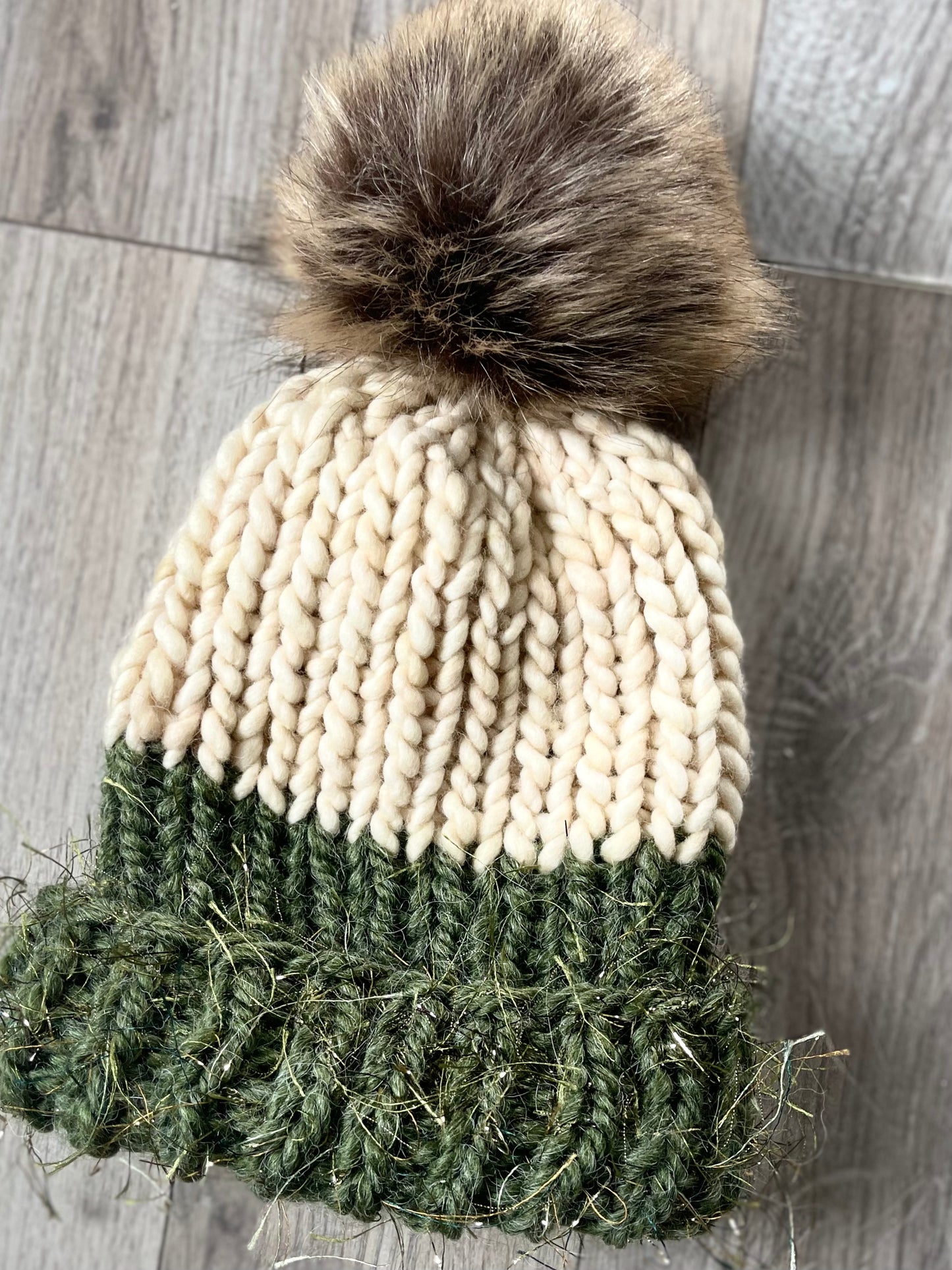Winter Hat, Green & Ivory with gold eyelash accent