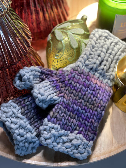 Fingerless Gloves, Hand Knit Purple & Gray