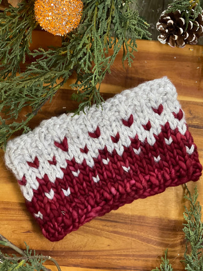 Winter Headband, Hand Knit, Cranberry and Silver Sequin Fair Isle