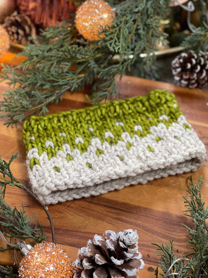 Winter Headband, Hand Knit, Green & Oatmeal Fair Isle