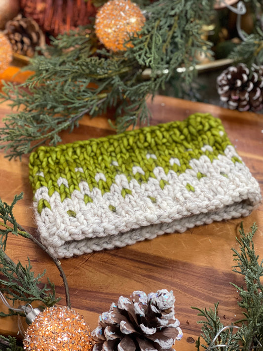 Winter Headband, Hand Knit, Green & Oatmeal Fair Isle