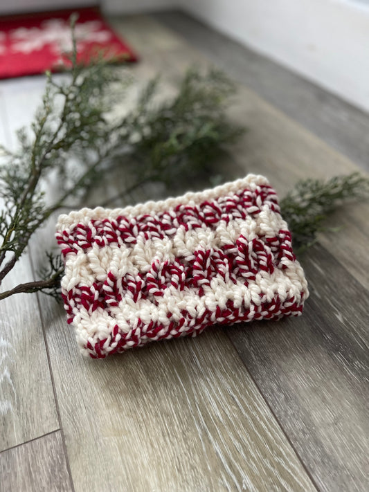 Winter Headband, Hand Knit, Red and White Peppermint Twist