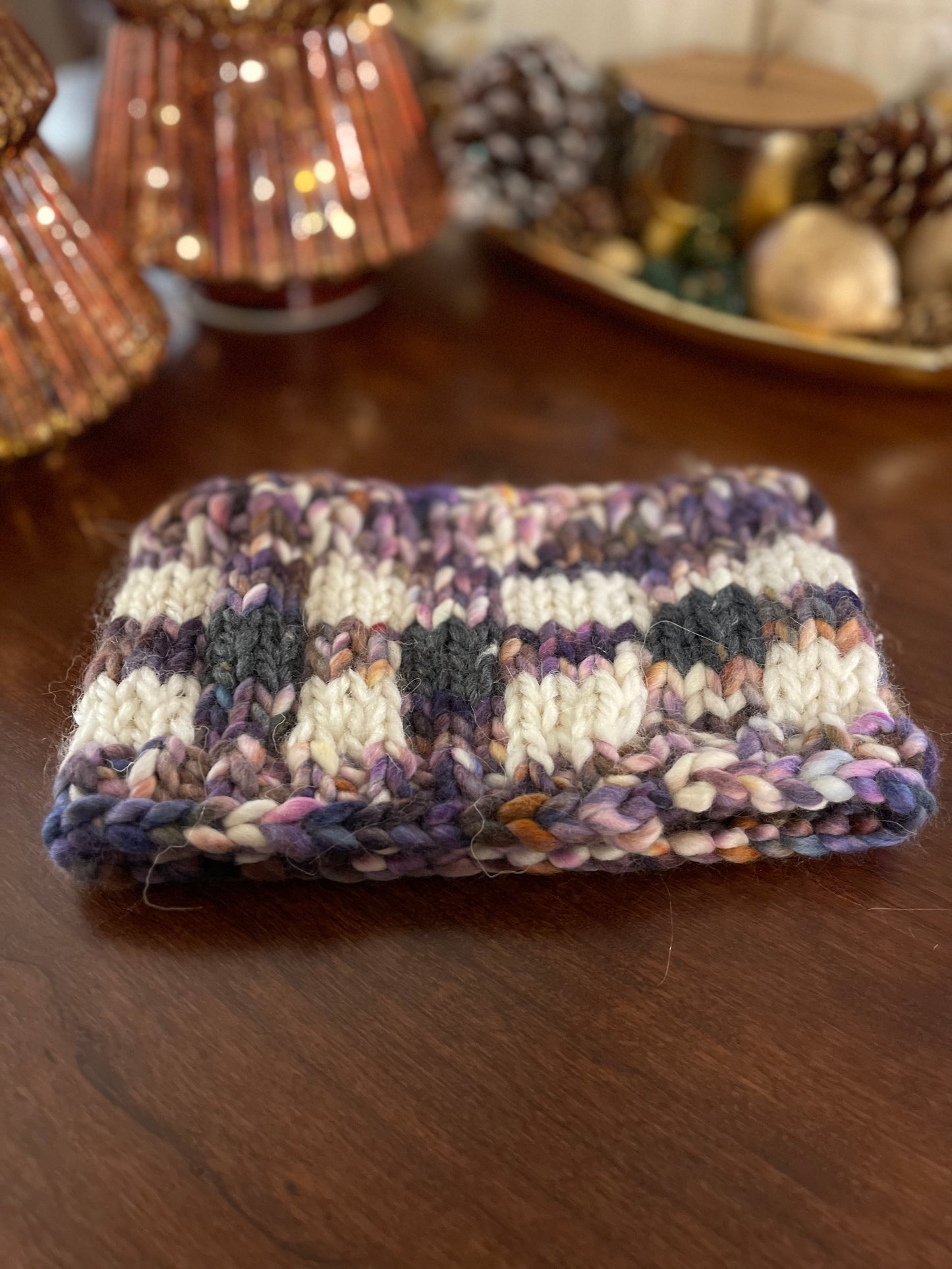 Winter Headband, Hand Knit, Purple Plaid