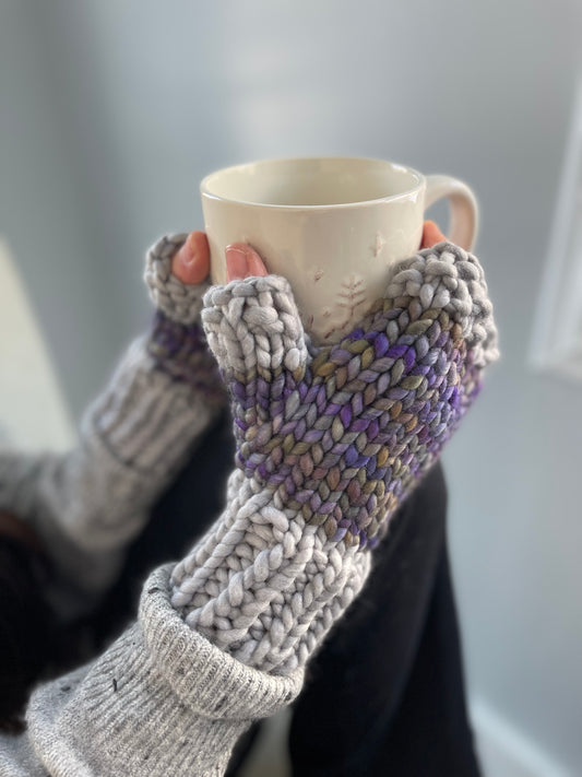 Fingerless Gloves, Hand Knit Purple & Gray