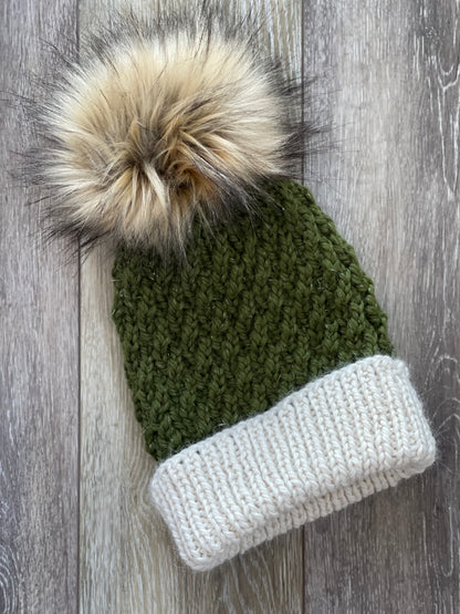 Winter Hat, Hand Knit, Green & Ivory Baby Alpaca Twist, Faux Fur Pom Pom