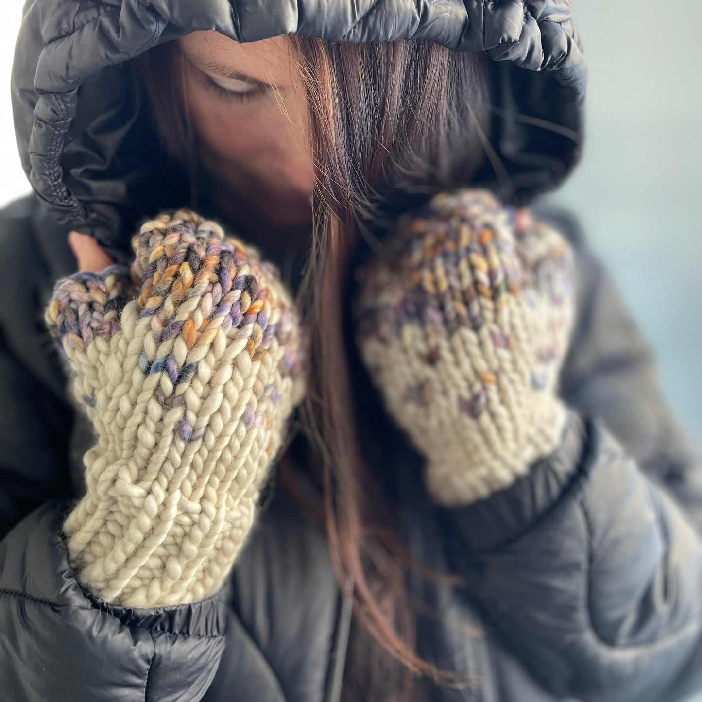 Fingerless Gloves, Hand Knit Purple & Ivory