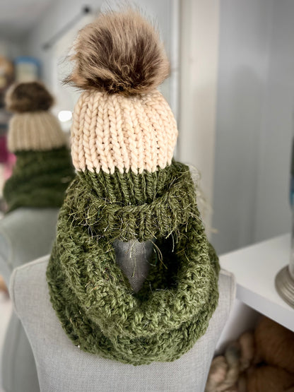 Winter Hat, Green & Ivory with gold eyelash accent