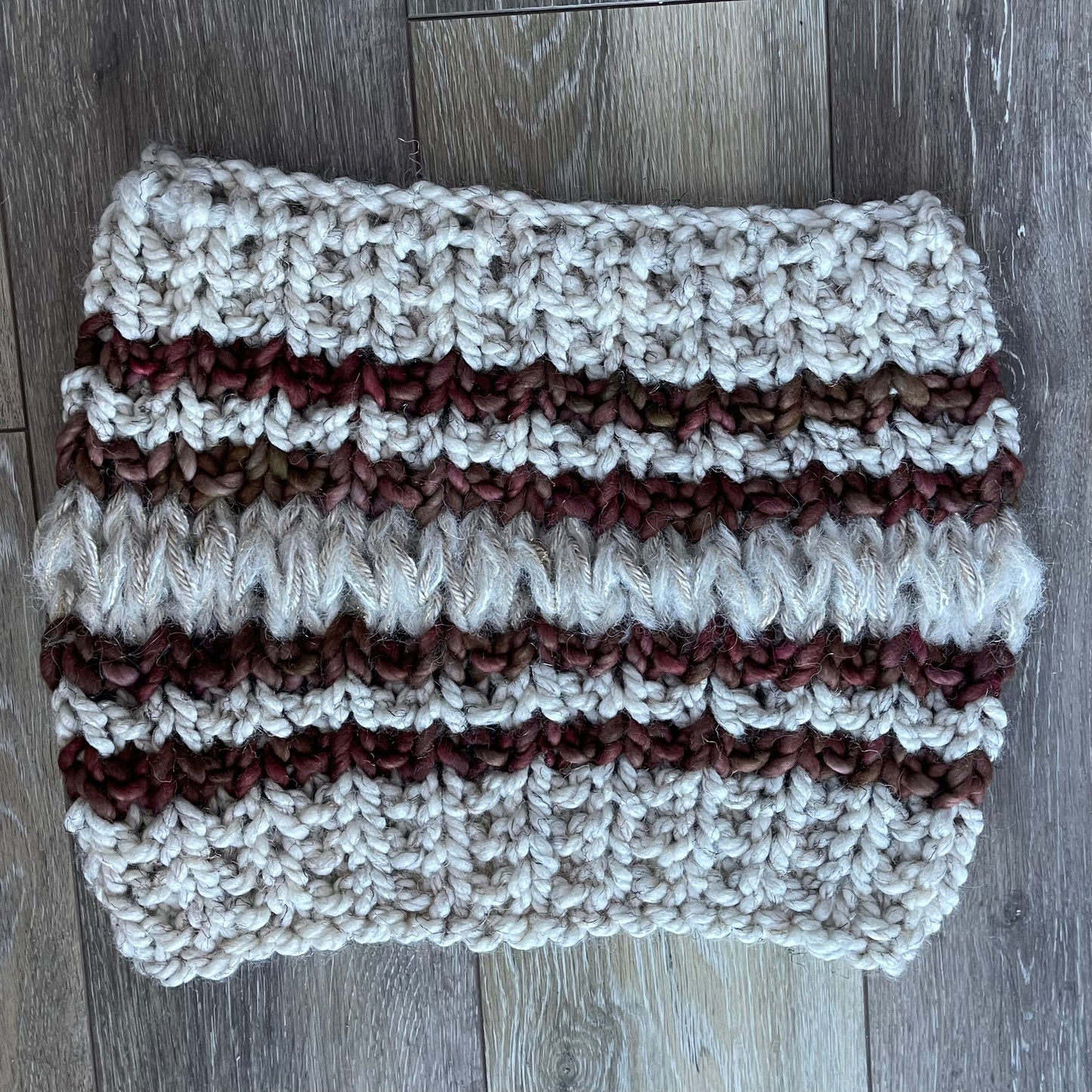 Hand Knit Cowl, Oatmeal, Ivory, and Brown Burgundy variety