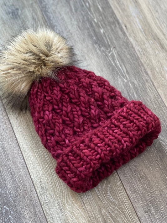 Handknit Winter Hat, Cranberry Twist, Faux Fur Pom Pom