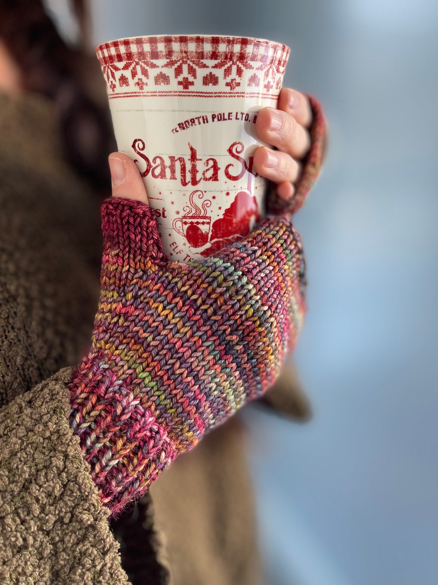 Fingerless Gloves, Hand Knit, Burgundy, multi-colored