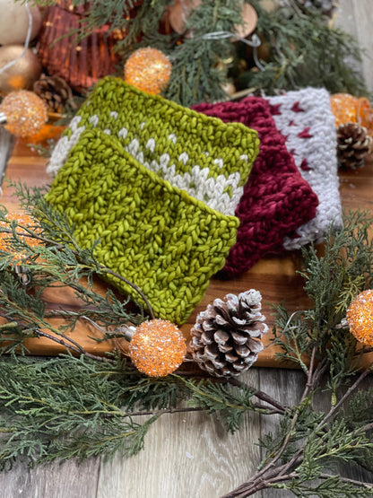 Winter Headband, Hand Knit, Green & Oatmeal Fair Isle