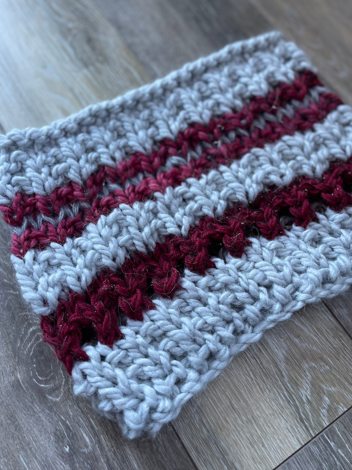 Hand Knit Winter Cowl, Burgundy and Gray