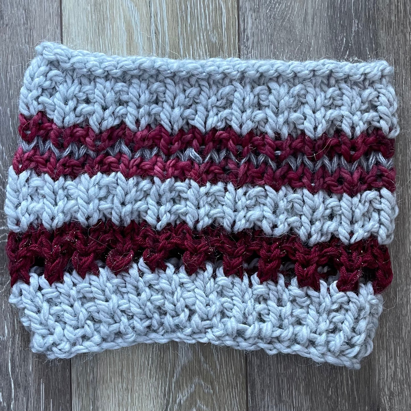 Hand Knit Winter Cowl, Burgundy and Gray