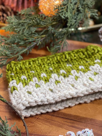 Winter Headband, Hand Knit, Green & Oatmeal Fair Isle