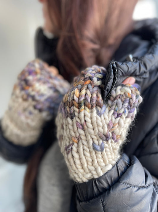 Fingerless Gloves, Hand Knit Purple & Ivory