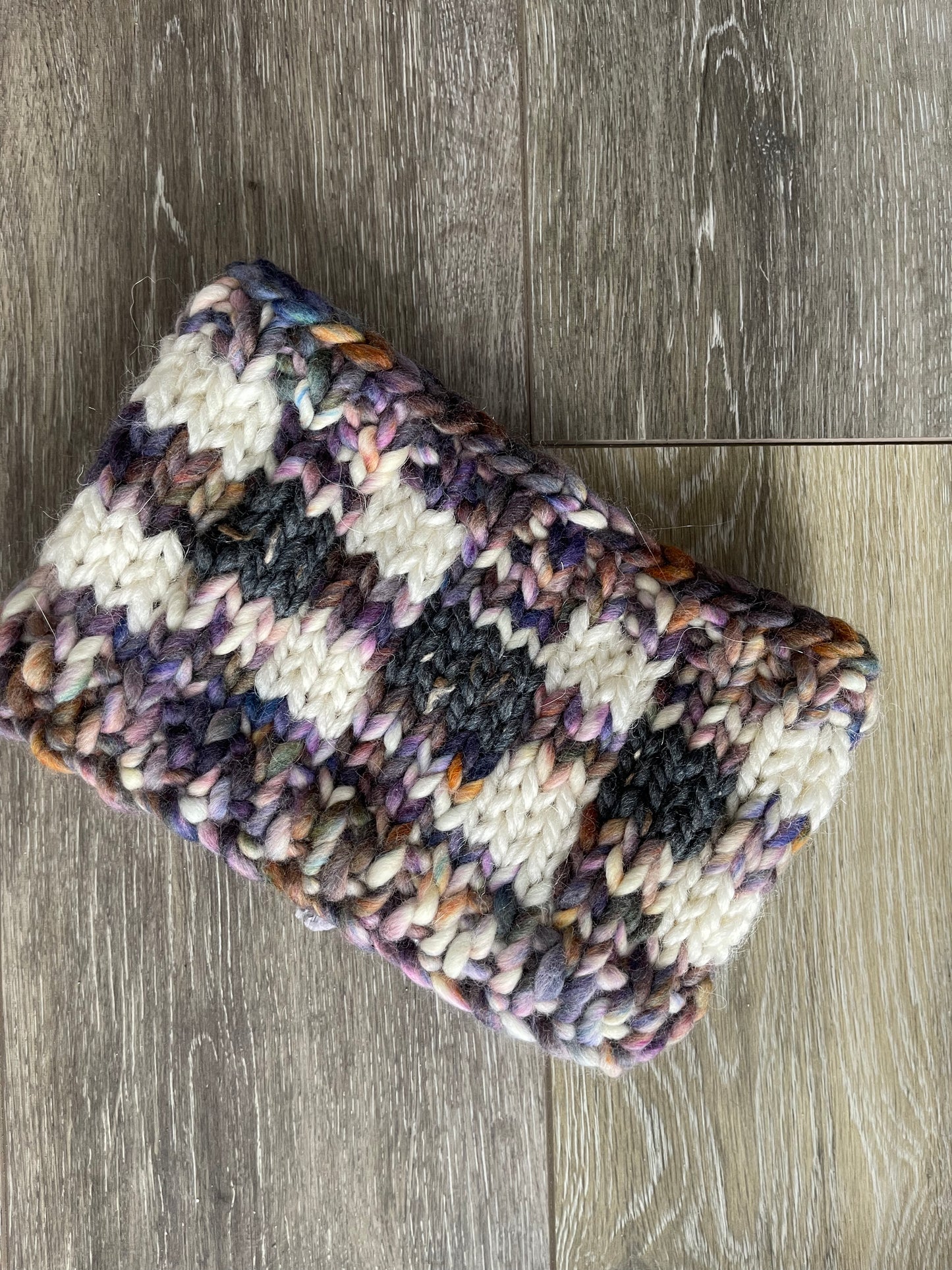 Winter Headband, Hand Knit, Purple Plaid