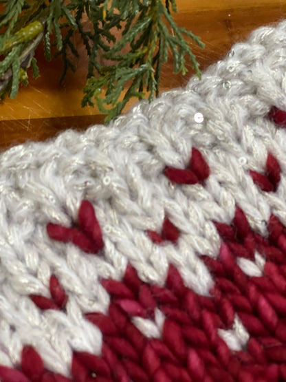 Winter Headband, Hand Knit, Cranberry and Silver Sequin Fair Isle