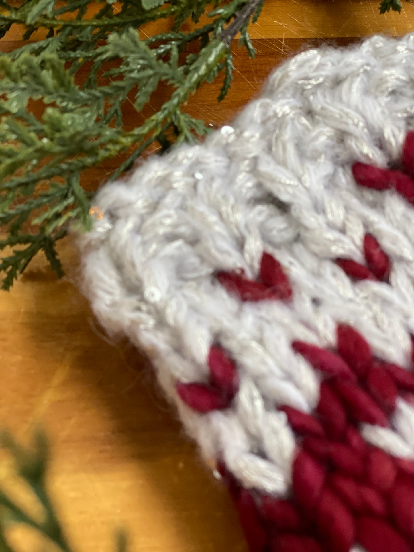 Winter Headband, Hand Knit, Cranberry and Silver Sequin Fair Isle