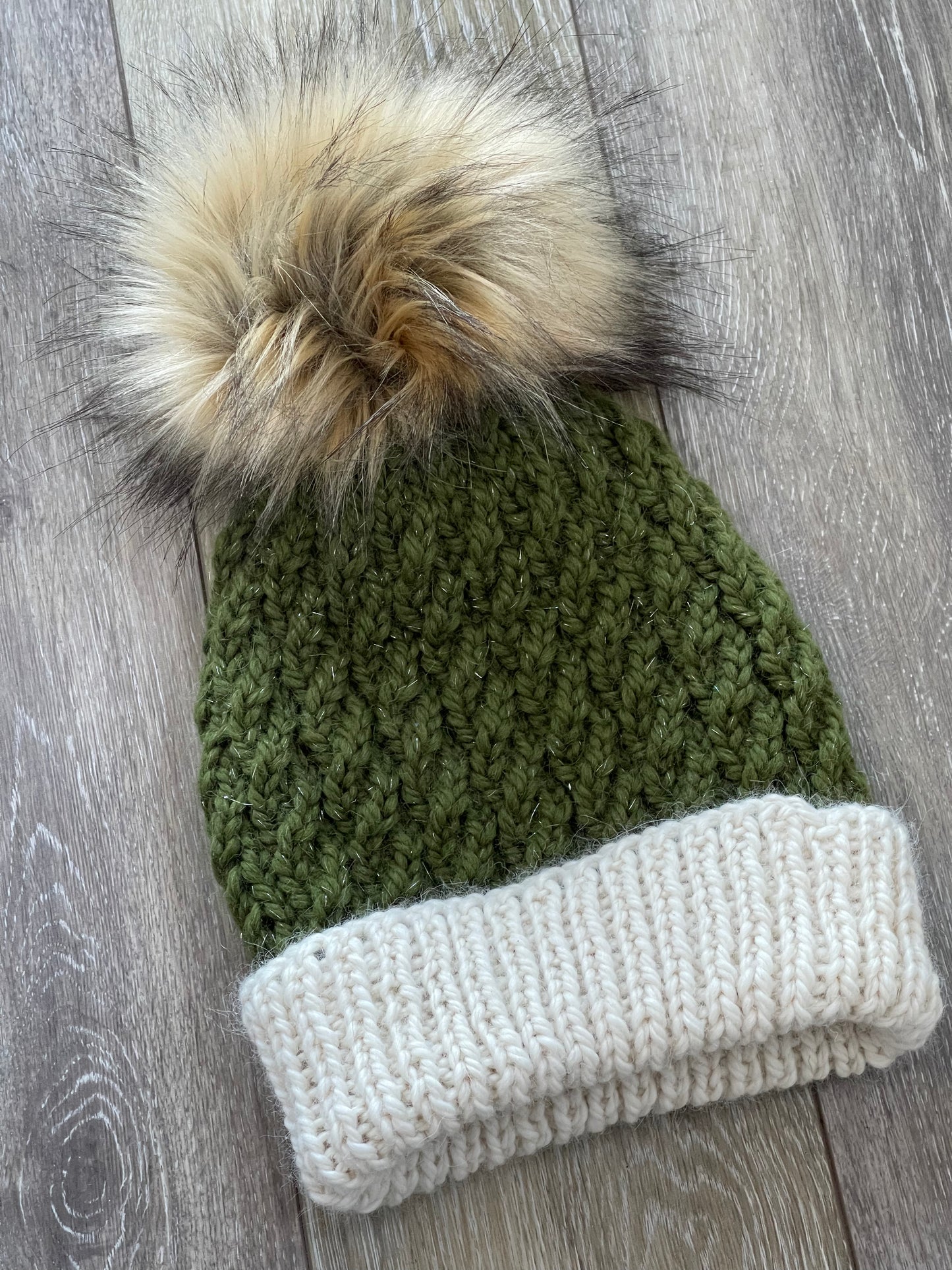 Winter Hat, Hand Knit, Green & Ivory Baby Alpaca Twist, Faux Fur Pom Pom