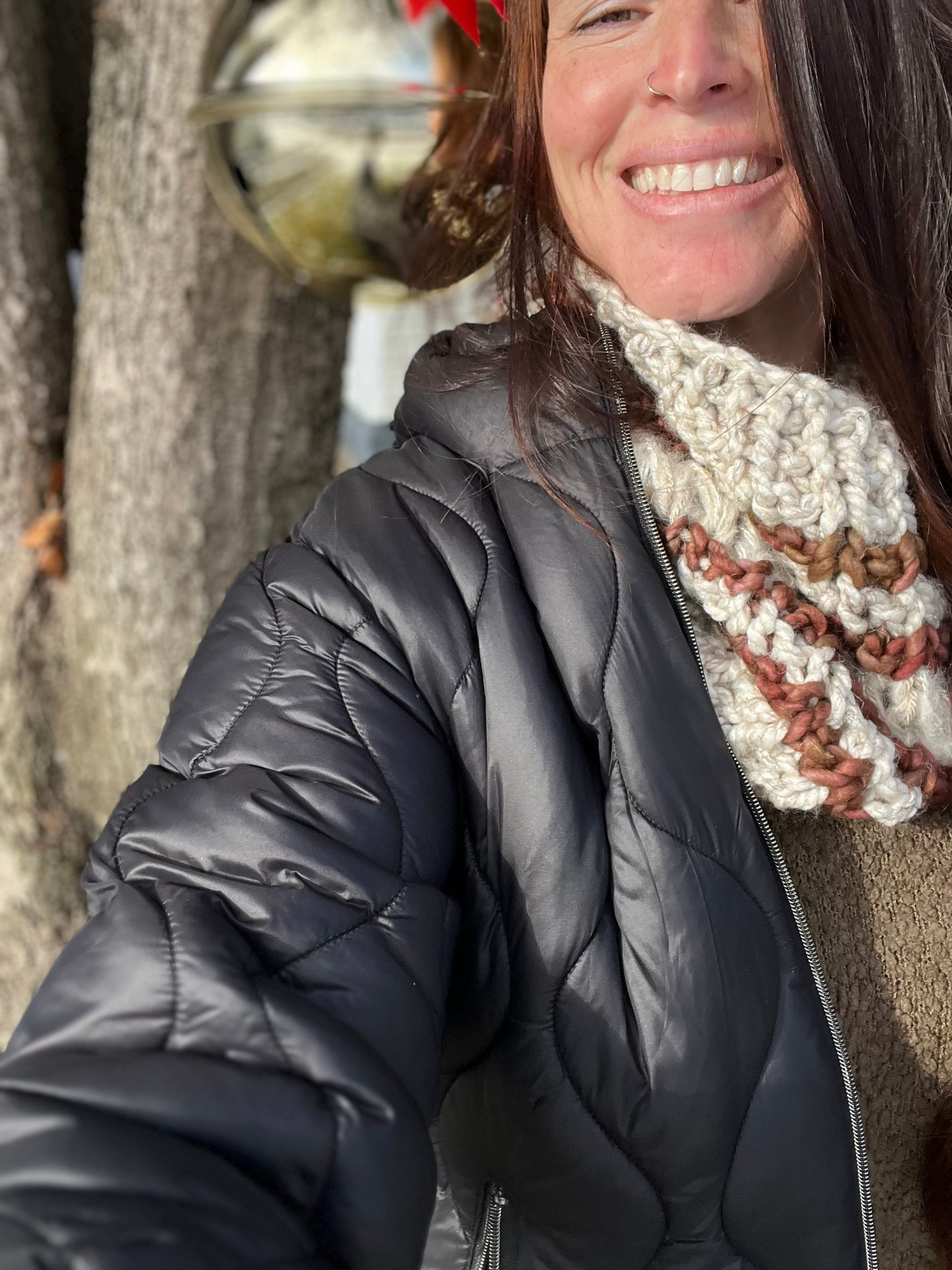 Hand Knit Cowl, Oatmeal, Ivory, and Brown Burgundy variety