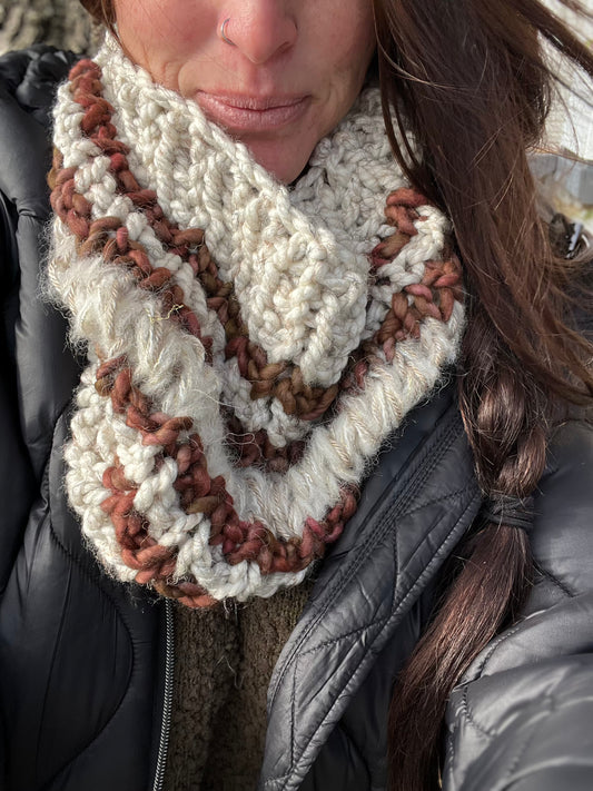 Hand Knit Cowl, Oatmeal, Ivory, and Brown Burgundy variety