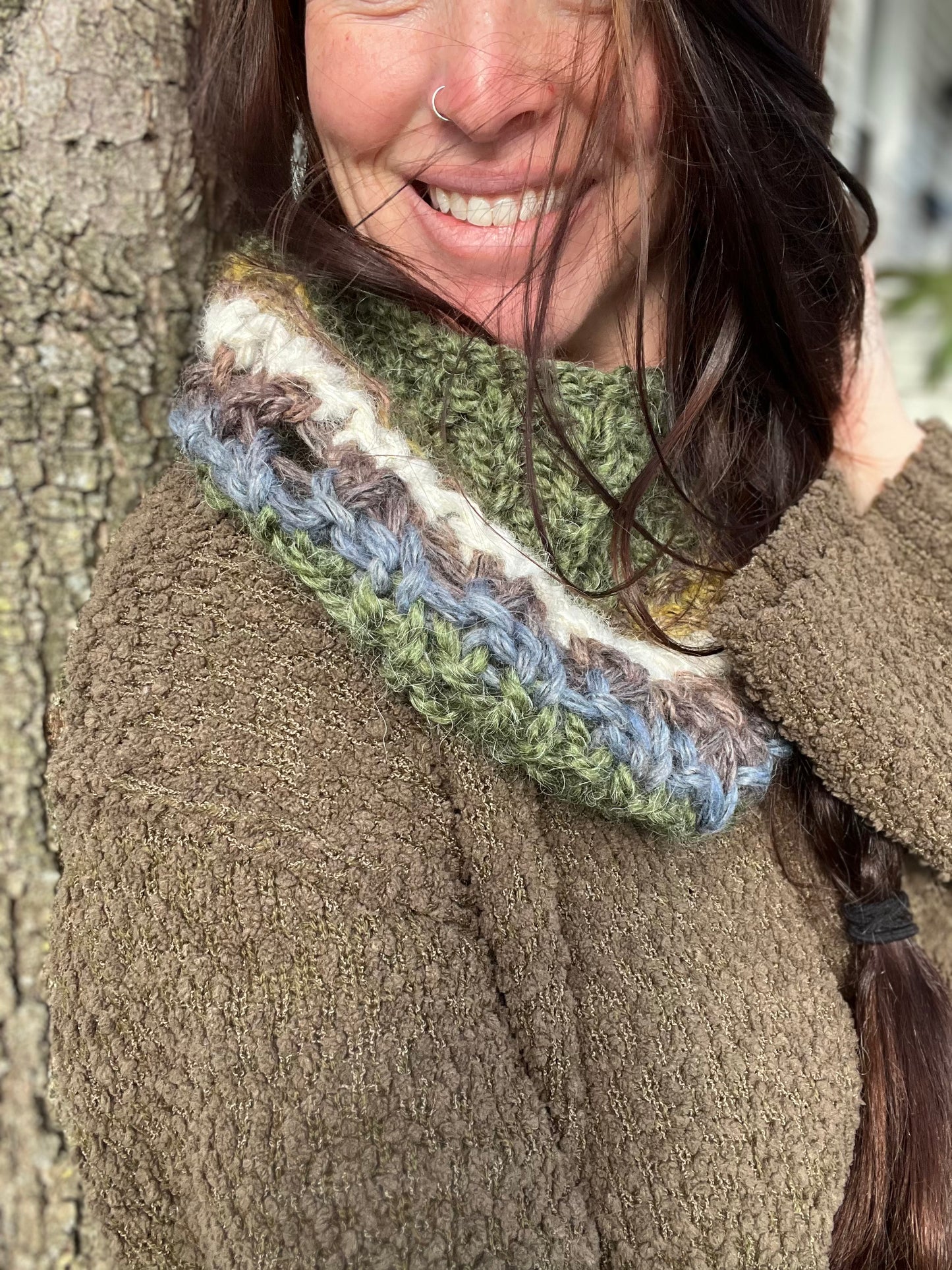 Hand Knit Cowl, Green & Multi Color yarns