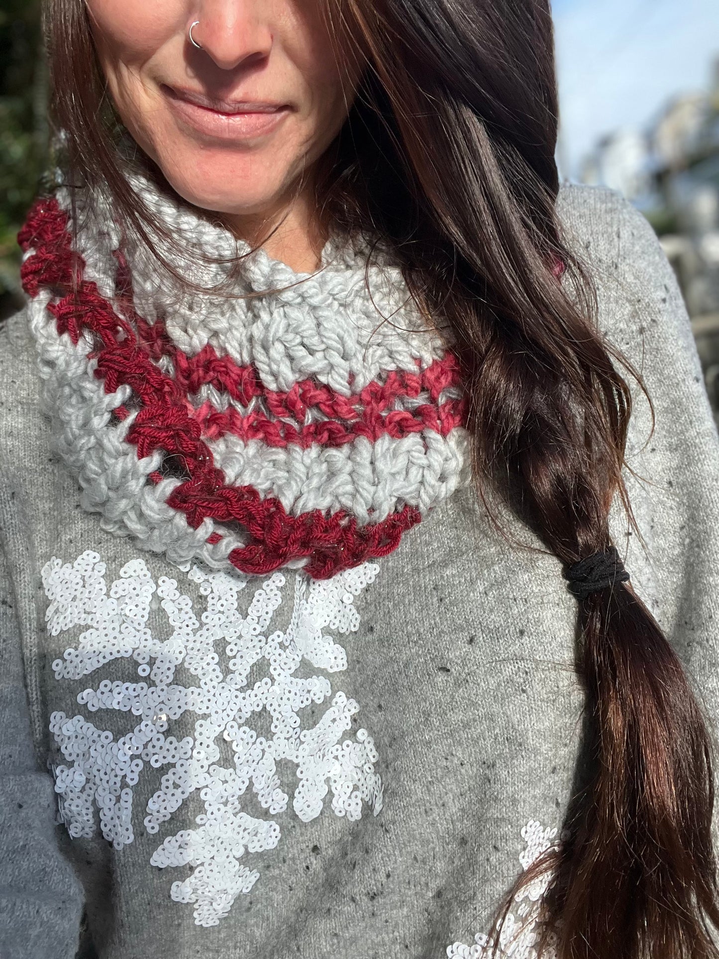 Hand Knit Winter Cowl, Burgundy and Gray